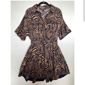 Banana Republic Blue Brown Zebra Safari Belted Linen Dress
